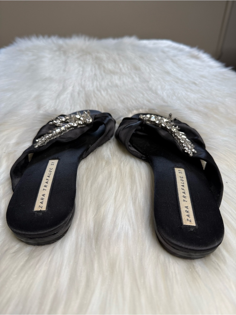 Zara Black Satin Rhinestone Embellished Slides - Picture 5 of 7